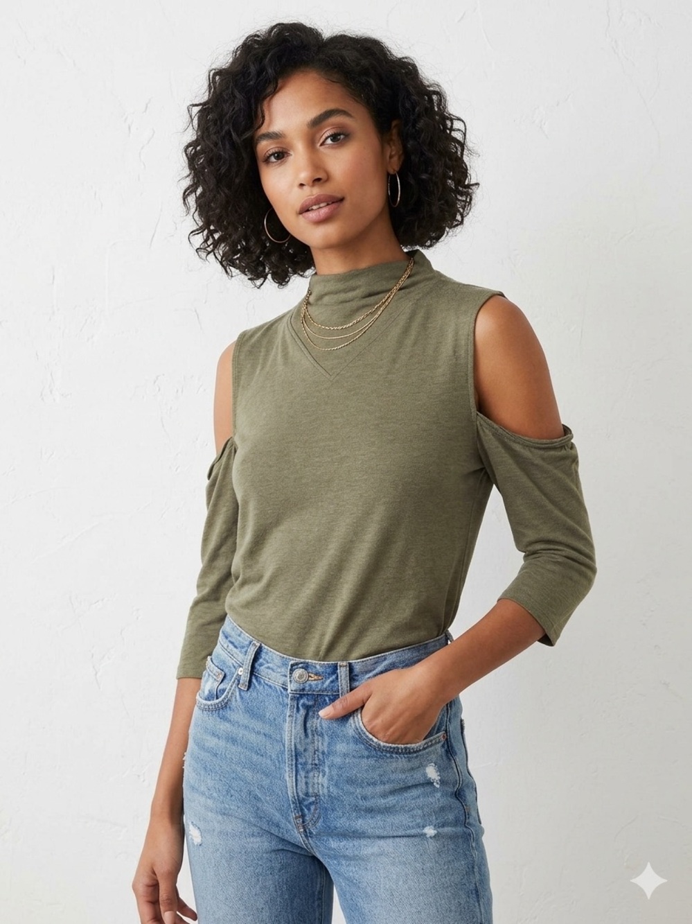 IRO JEANS Olive Green Adama Cold-Shoulder Mock-Neck Top- Size Small